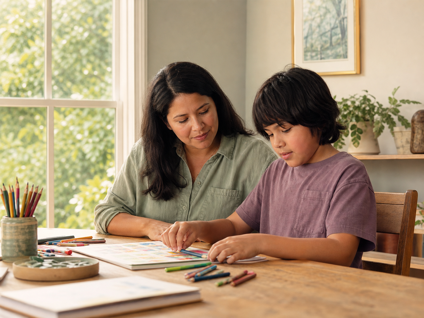 A parent and child sharing a calm creative activity at home