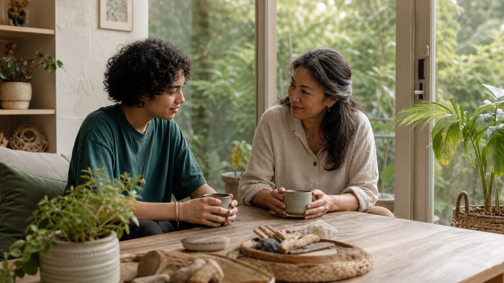 A young adult and parent sharing a calm moment at home