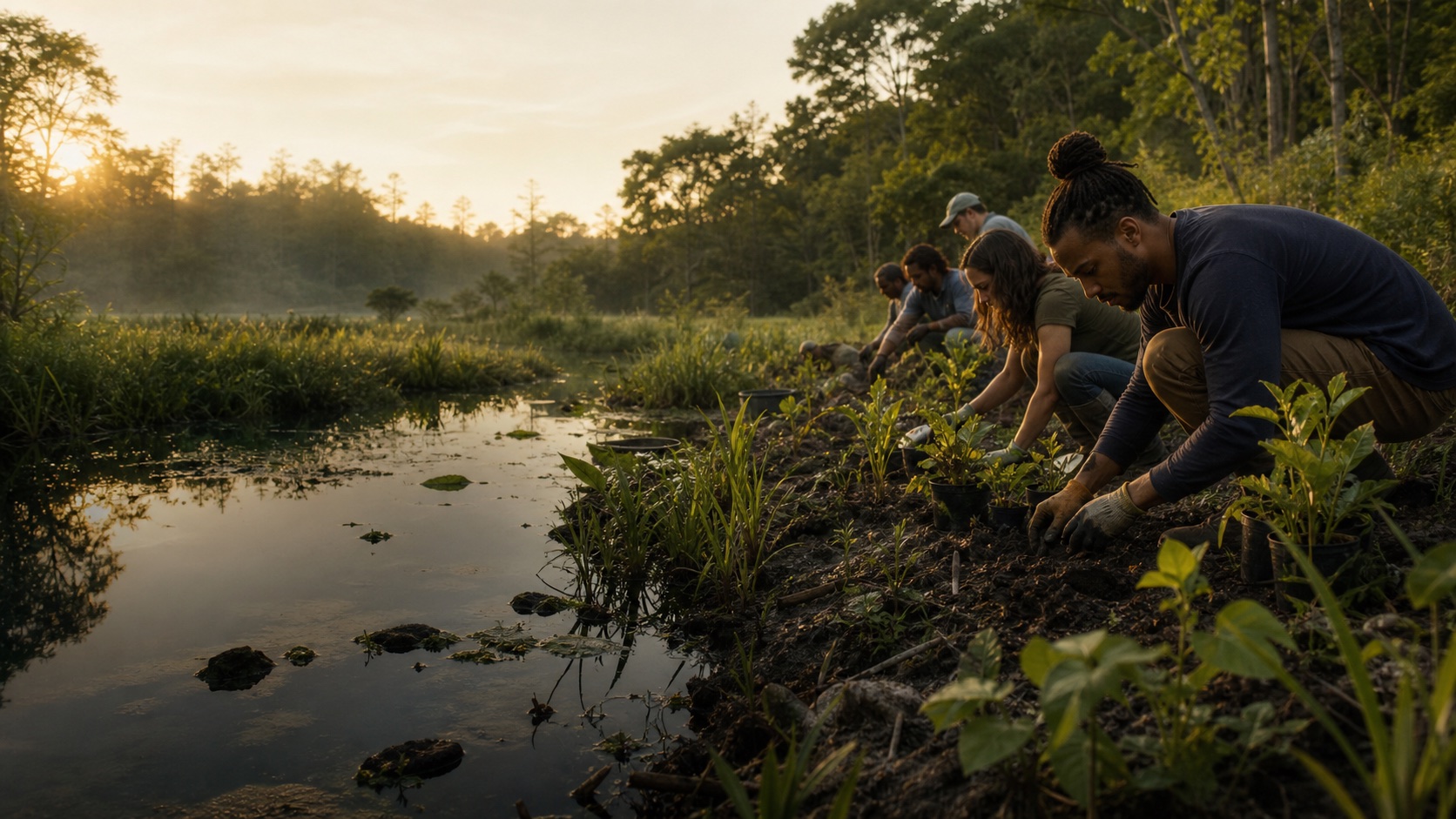 A group restoring a wetland together by planting native vegetation beside the water