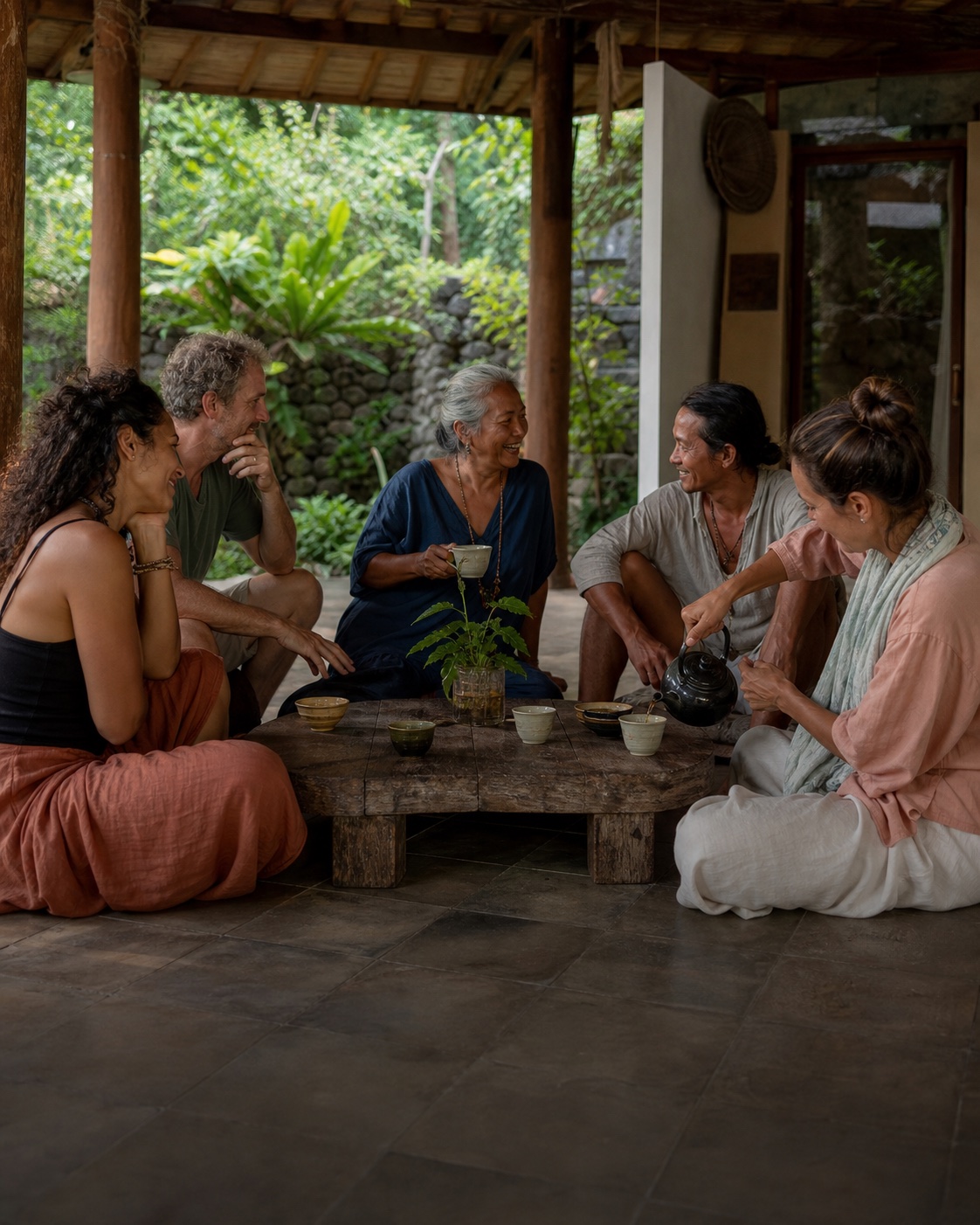 Adults sharing tea at a small tropical gathering