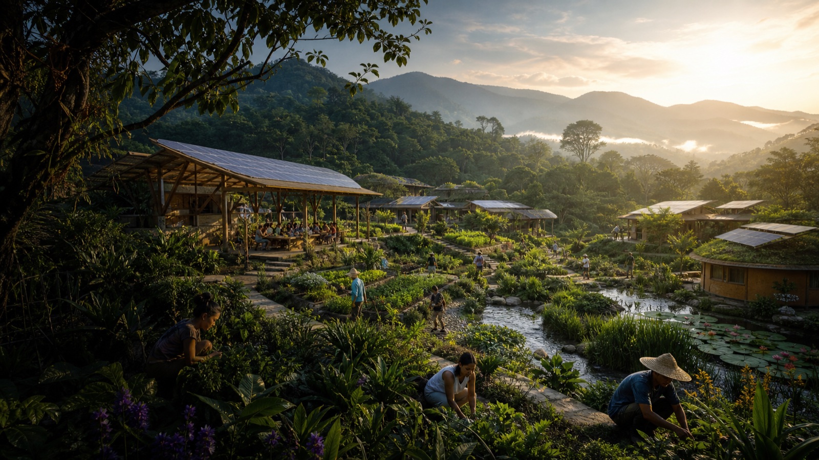A regenerative tropical community with gardens, water systems, solar roofs, and people working together