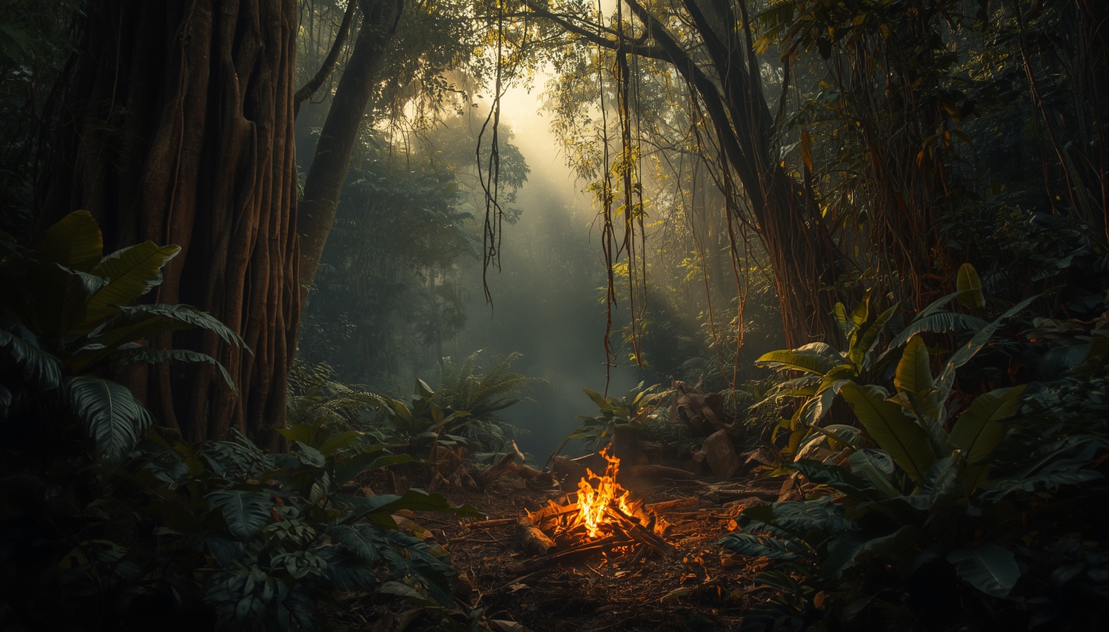A small ceremonial fire beneath a sunlit tropical forest canopy