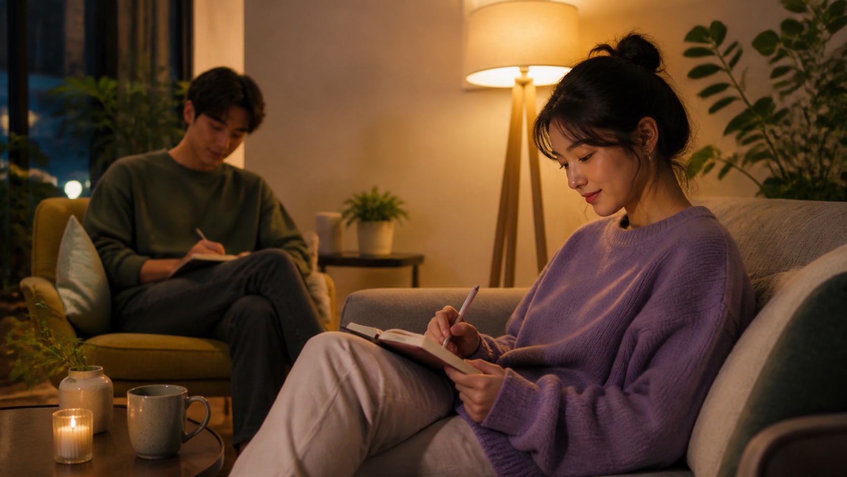 Two young adults quietly journaling in a warm evening room