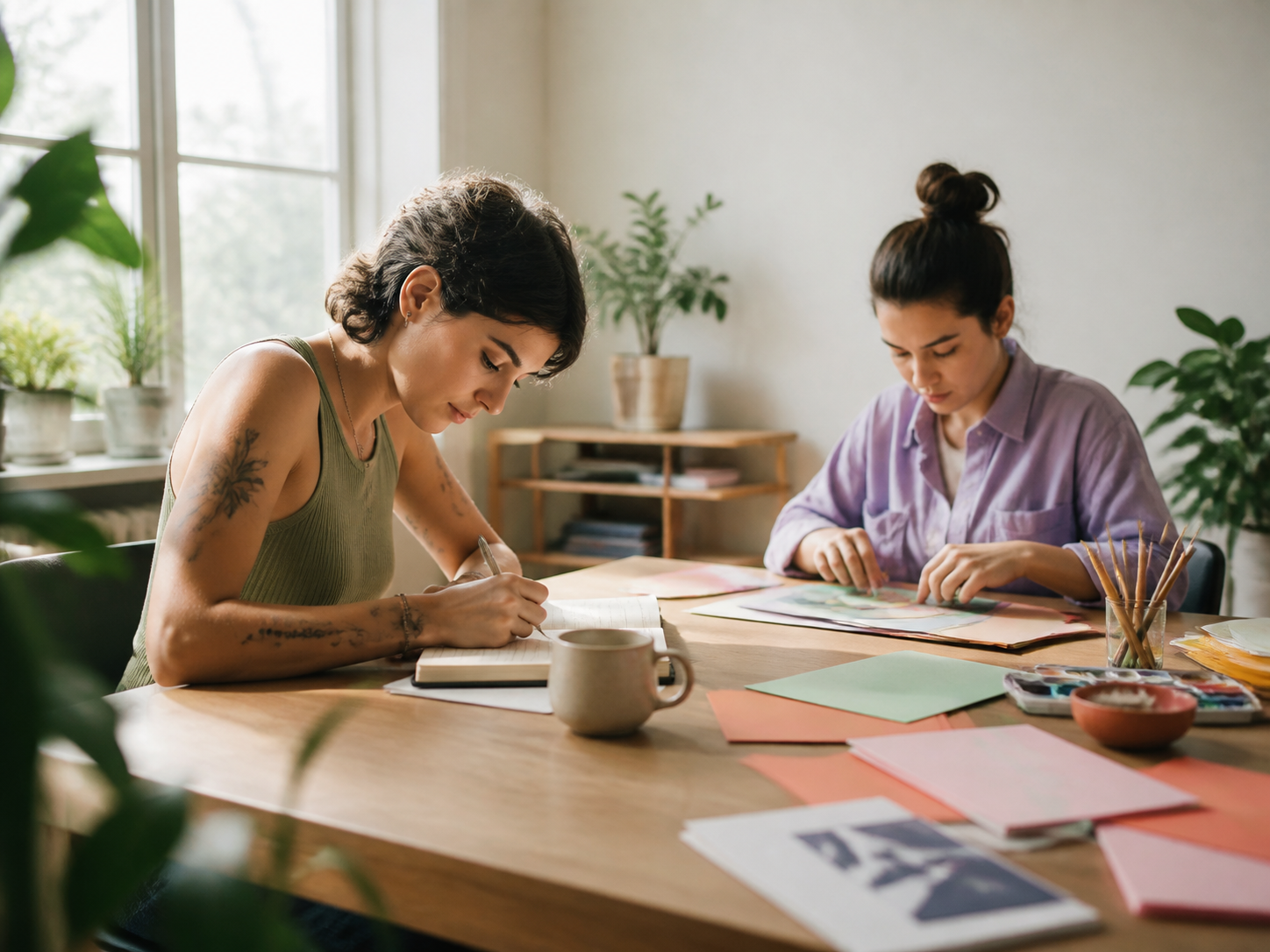 Two young adults journaling and making art in a calm home studio