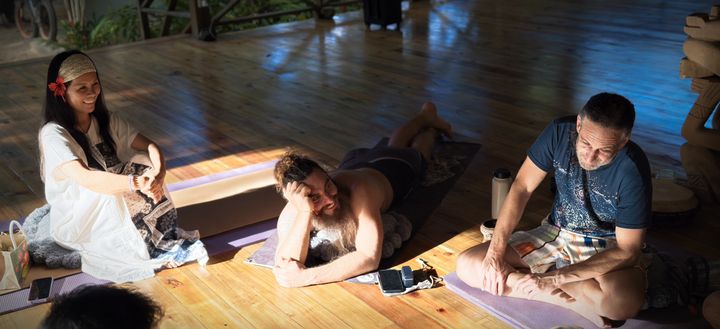 Retreat participants reflecting together in the open-air pavilion