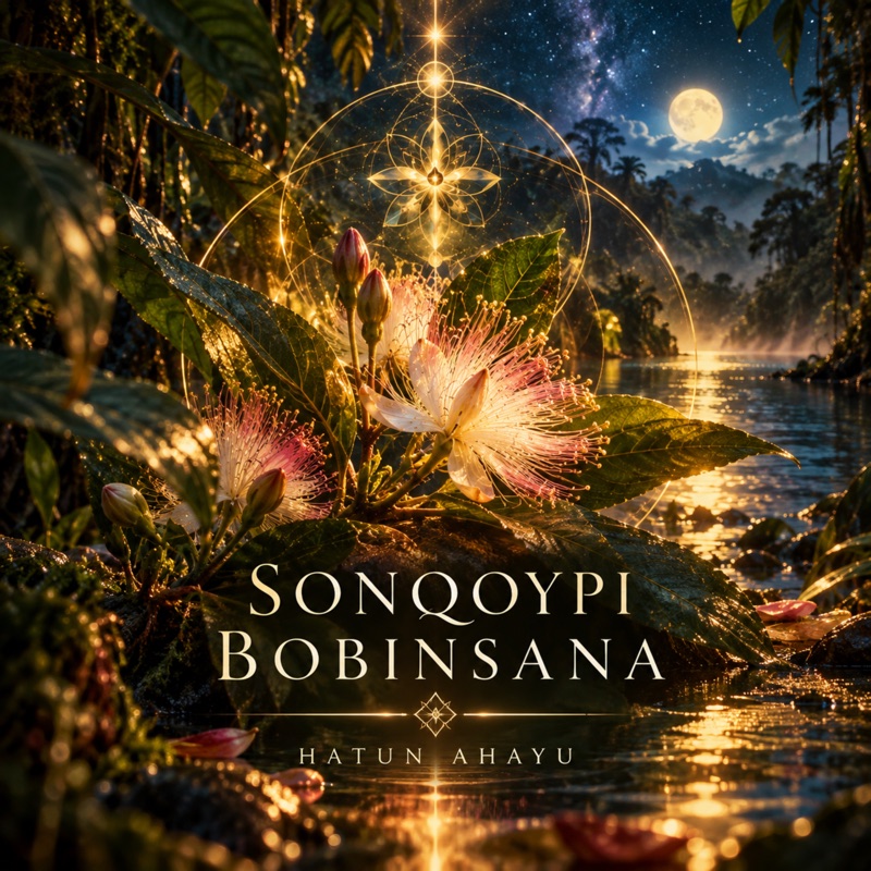 Sonqoypi Bobinsana single cover: luminous flowers beside a moonlit jungle river